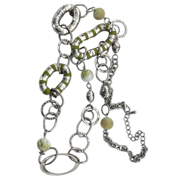 Silver-tone Chain Beaded Tube Link Necklace 28-35” long adjustable. - Picture 4 of 7